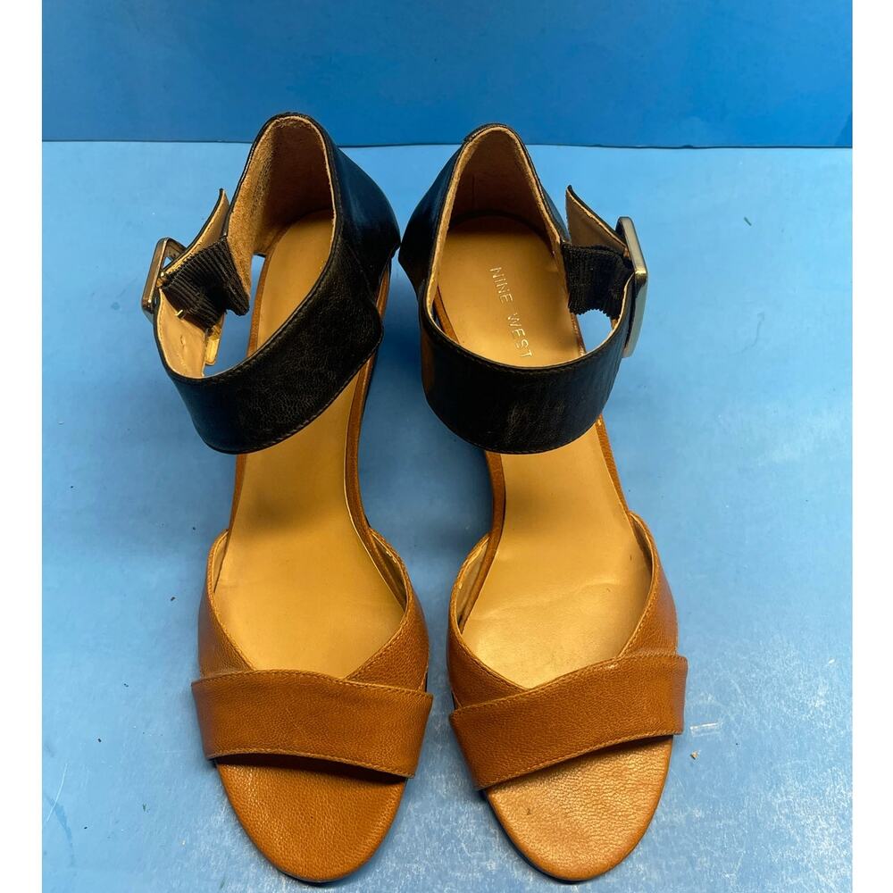 Nine West  Black Brown Ankle Strap Wedge Sandals Women's Size 7.5 M - Picture 2 of 12